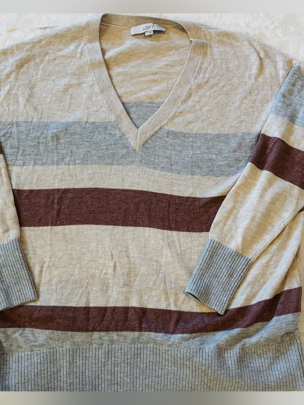 LOFT Striped V-Neck Sweater - NWOT- Small
Cream,Gray & Brown